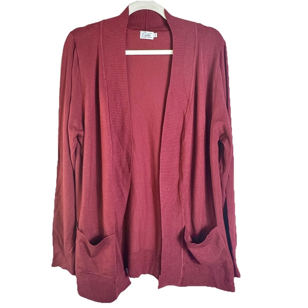 Cielo Womens Size 3XL Open Front Cardigan Sweater Burgundy‎ Pockets Excellent
